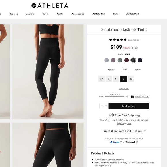 Athleta Pants - Athleta Salutation Stash 7/8 Tight - Size Large Tall - Like New!